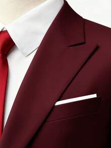 Men's 2 Piece Suit, Wedding, Business, Casual Suit Set - Pure Color Slim-Fit Business Suit Coat   Classic Trousers, Wine Red Color, Long Sleeves, Button Details, Elegant And Atmospheric Style, Non-Elastic Fabric - 酒紅色 - 查看 5