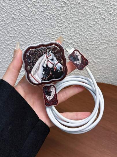 3pcs Set Wave Pattern Charger Cable Protector Case, UV Painted Horse Design, Suitable For 20W UK Apple Fast Charger, Prevent Cable Damage