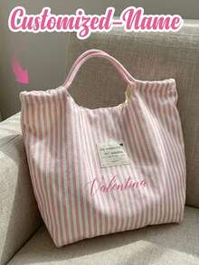 Customizable Personalized Name Retro Striped Handbag With Name Logo And Floral Text, Underarm Tote Bag, Retro Striped Canvas Handbag, Lightweight And Large Capacity Casual Fashion - Multicolor - View 6