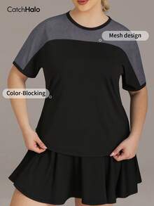 Plus Size Women's Mesh Patchwork Short Sleeve Sports T-Shirt, Contrast Trim Curved Hem, Loose Breathable Summer Fitness Yoga Top - Multicolor - View 6