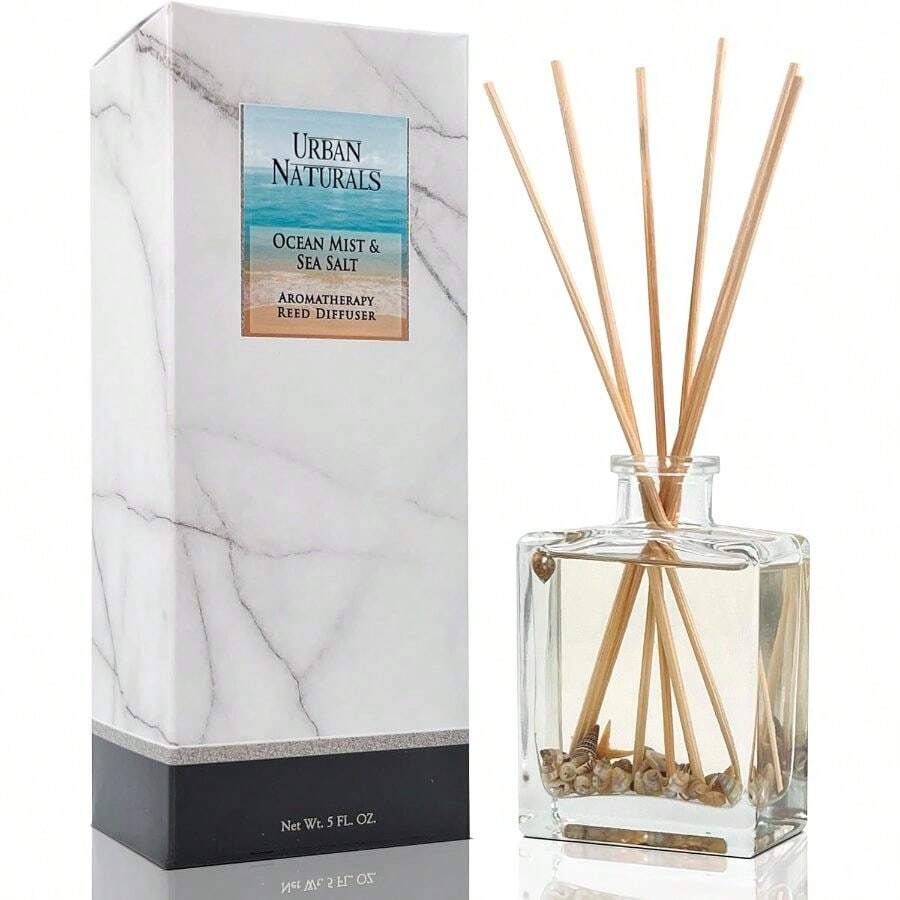 Juego de difusor de varillas con aroma a brisa marina y sal de mar de Urban Naturals - Hecho con aceites esenciales y botánicos reales - Botella de vidrio rectangular recargable y elegante - Hecho en EE. UU. - 20Pcs - Ver 1
