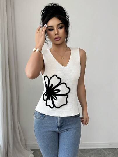 Women's Fashion Casual Vacation Minimalist Floral Embroidery V-Neck Sweater Vest