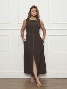 DUOUNO MODAS - MARANTE WOMEN'S LONG TANK DRESS WITH BACK ZIPPER AND POCKETS - WOMEN'S LONG DRESSES - Marron oscuro - Ver 4