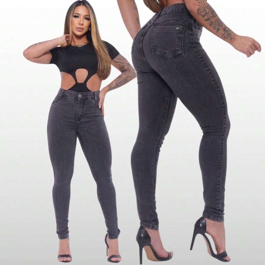 Calça Jeans feminina Grafite com Lycra Skinny cintura alta levanta bumbum Confortável