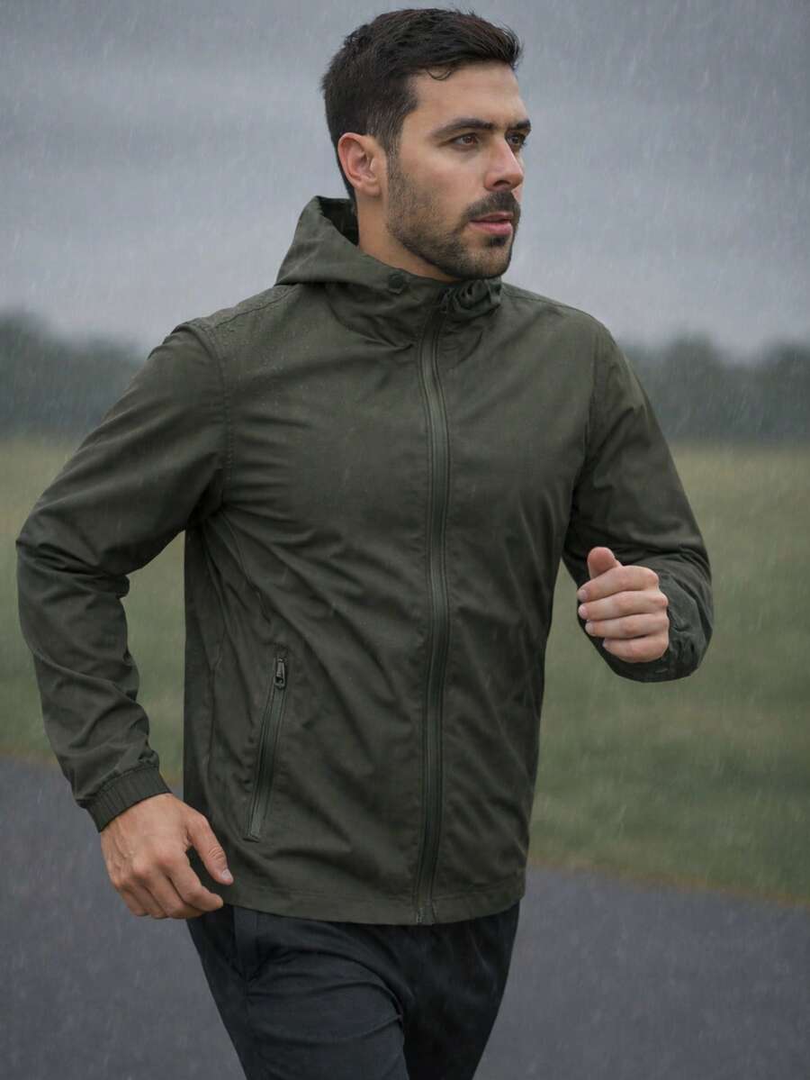 Men's Black Windbreaker Jacket With Removable Hood, Ideal For Gym Or Running - 軍綠色 - 查看 1
