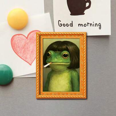 1pc Mini Photo Frame Shaped Long Hair Frog Refrigerator Magnet, Delicate Home Decor Gift, Featuring Whimsical Frog Element With Fake Hair, Wonderful Holiday Gift