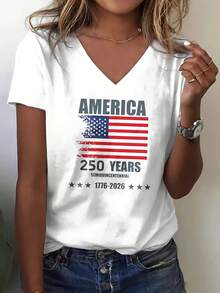 2026 Women V Neck T Shirt White America 250 Years Semi Quincentennial 1776 2026 Flag Print Independence Day Celebration Party Casual Wear - 白色 - 查看 1