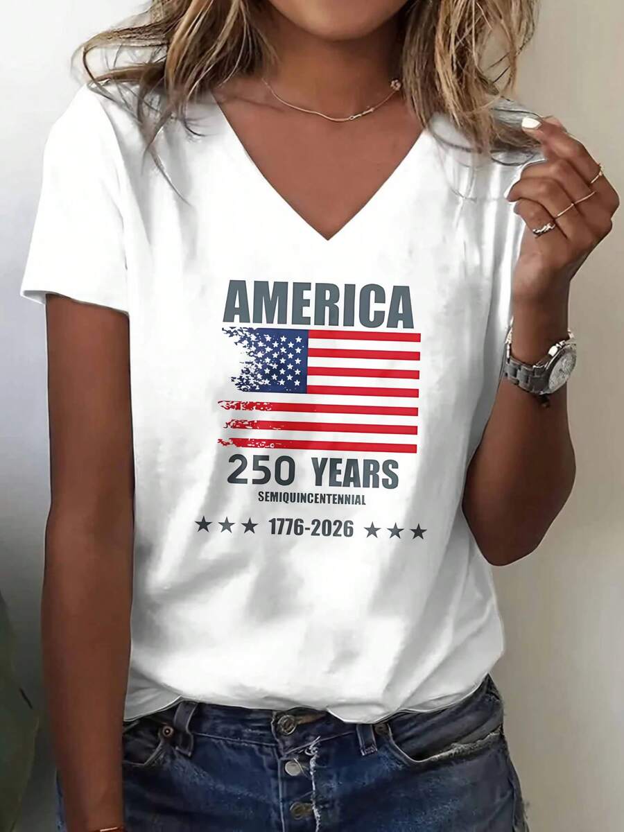 2026 Women V Neck T Shirt White America 250 Years Semi Quincentennial 1776 2026 Flag Print Independence Day Celebration Party Casual Wear - 白色 - 查看 1