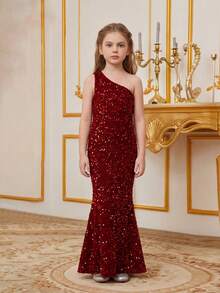 Vestido de sirena con lentejuelas sin hombro y espalda descubierta para fiesta de niña preadolescente - Burdeos - Ver 4