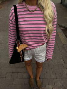 New Fashionable Elegant Round Neck Ribbed Long Sleeve Striped Knit Top Spring - Pink - View 5