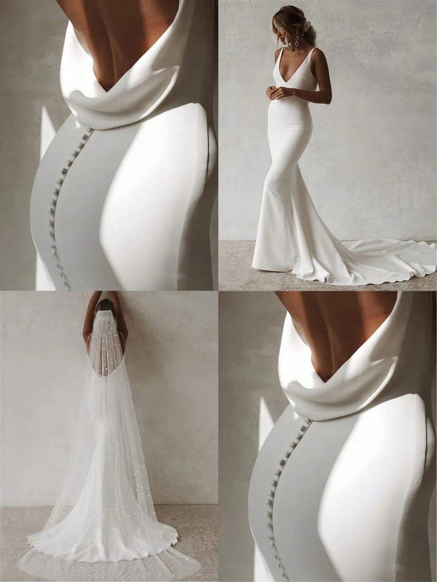 Elegant Sexy Open Back V Neck Mermaid Satin Formal Wedding Dress,Registry Office Dresses Bridal Gown,Evening Party Dress Birthday Party Dress Country Wedding,Romantic Church Ceremony Wedding Dress,Suitable For Wedding,Dating,Party,Singles' Party,Vacation,Formal Occasions,Dinner Dress,Prom Dress,Homecoming Dess,Cocktail Party,Wedding Guest Dress,Graduation - 白色 - 查看 1