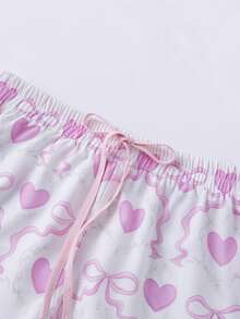 Womens Lounge Set Lip/Heart Print Sleeveless Square Neck Crop Tank Tops And Ruffle Trim Drawstring Shorts 2Pcs Loungewear - Pink - View 9