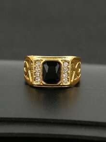 1枚男士时尚奢华个性化黑色锆石戒指，婚礼订婚派对珠宝礼物 - 金色 - 查看 2