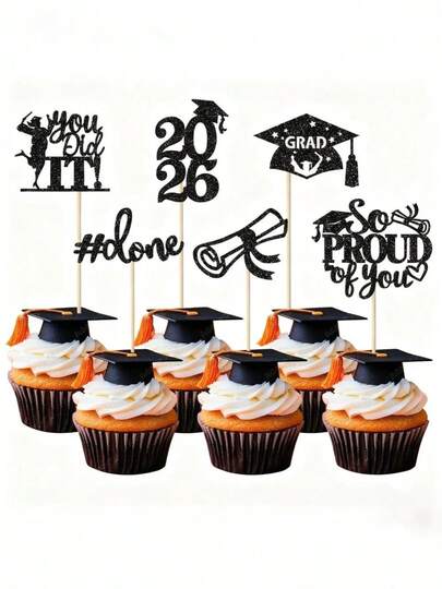 24pcs/12pcs 2026 Graduation Cake Decorations, Graduation Ceremony Cupcake Decorations, Includes Elements Like 2026, Cap, Book, Cake Decorations, Graduation Party Decorations, Suitable For 2026 Graduation Theme Party Decor