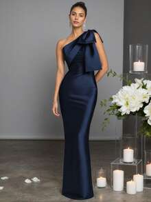 Elisanya Đầm maxi ôm dáng màu xanh hải quân dành cho nữ, đầm dạ hội cocktail trang trọng màu trơn thanh lịch với chi tiết nơ thắt cổ. - Xanh đậm - Xem 1