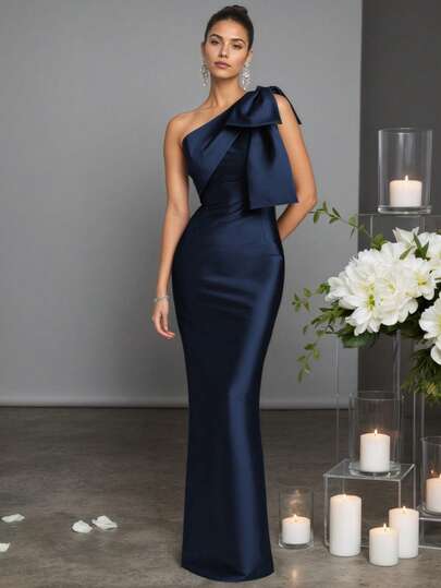 HOMEYEE Vestido largo ajustado de color azul marino para mujer, vestido de fiesta elegante de unicolor con detalles de lazo para cóctel y eventos formales