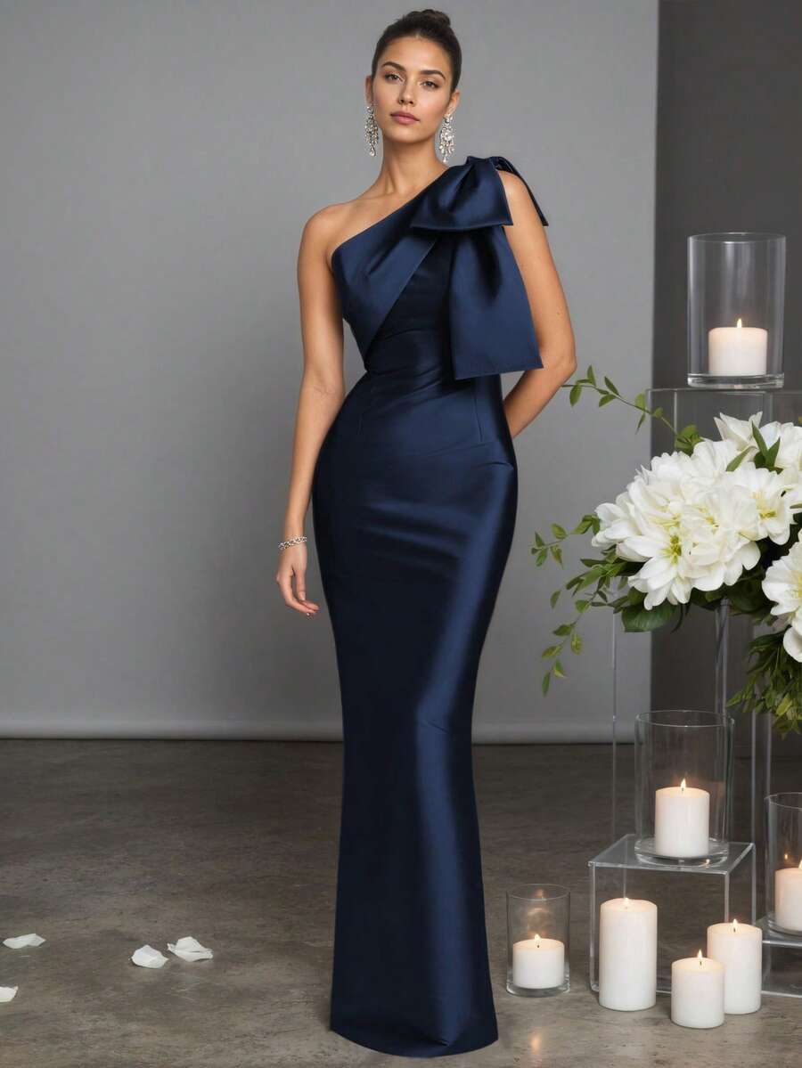 Elisanya Đầm maxi ôm dáng màu xanh hải quân dành cho nữ, đầm dạ hội cocktail trang trọng màu trơn thanh lịch với chi tiết nơ thắt cổ. - Xanh đậm - Xem 1