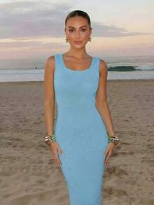 Vacation Women's Backless Sexy Elegant Sleeveless Knitted Sweater Dress Spring - Baby Blue - View 8