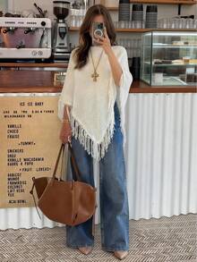 Cárdigan de mujer For Love & Bella, casual, elegante y sexy, con decoración de flecos, acabado asimétrico y textura de punto. Poncho, suéter de cuello redondo, ligero y versátil para usar en el trabajo, en la oficina, en citas, a diario, en el campo, en conciertos, de vacaciones, en y verano, y para salir - Blanco - Ver 11