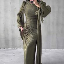 Autumn New Women's French Style Ruched Waist Green Irregular Long Dress - Xanh lá nhạt - Xem 2