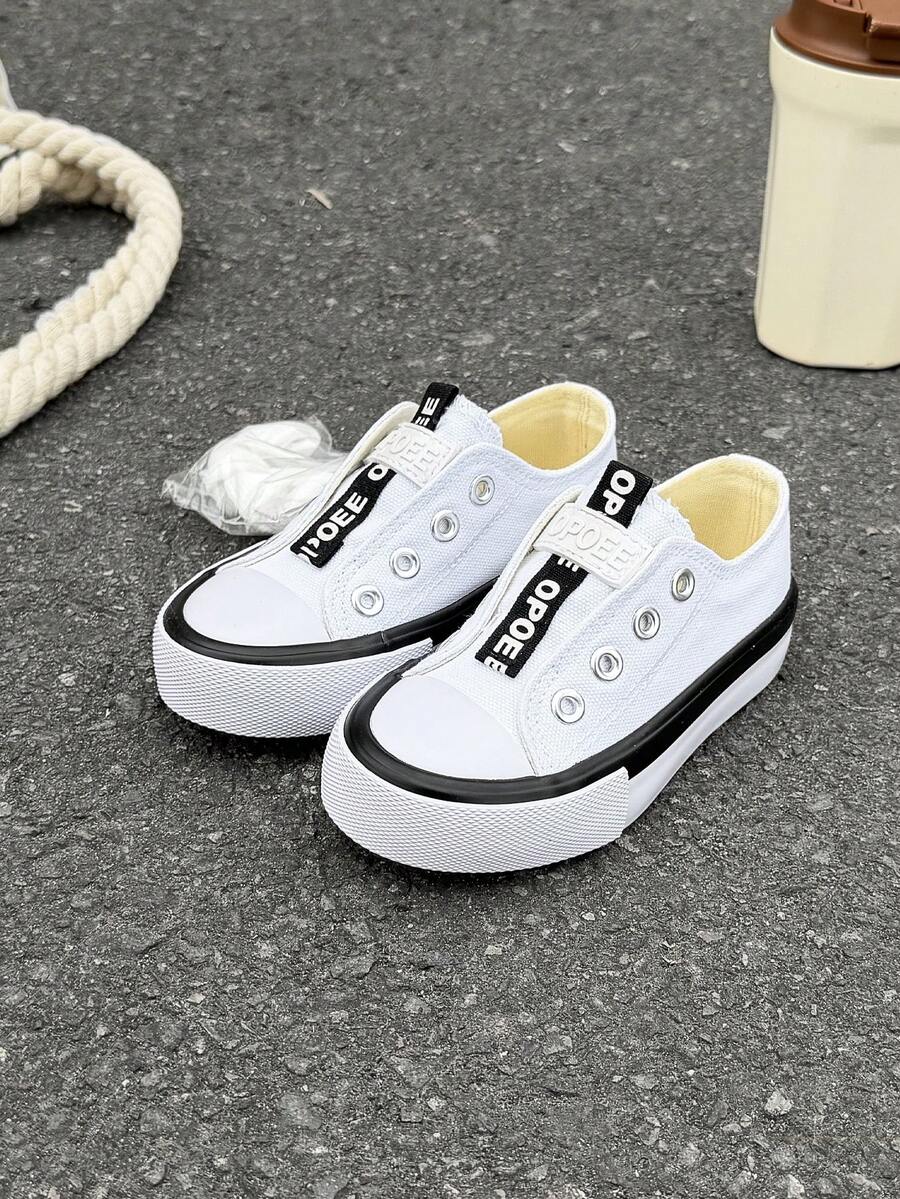 Zapatos de lona para niños OPOEE, de primavera/otoño, estilo coreano, sencillos, para niños y niñas, de moda, de corte bajo, casuales, deportivos, clásicos, versátiles, zapatos de skate para niños - Blanco - Ver 1