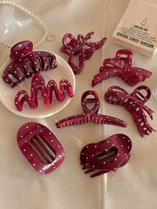 1个/6个/8个纯色休闲ABS塑料波点发夹，优雅红色发爪，适合盘发，2026新款发爪发饰时尚发夹，优雅发饰 - 彩色 - 查看 1