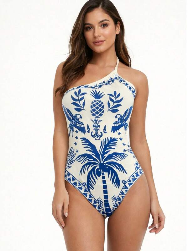 Body Feminino Estampado Um Ombro Só Cavado com Amarração Ajustável Elegante Boho Assimétrico