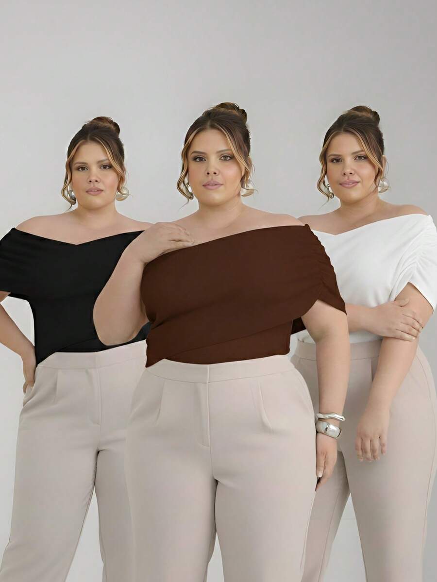 Set Of 3 Plus Size Blouses With Asymmetrical Yoke, Premium Comfort, Sizes GG To G2 - Đen - Trắng - Nâu - Xem 1