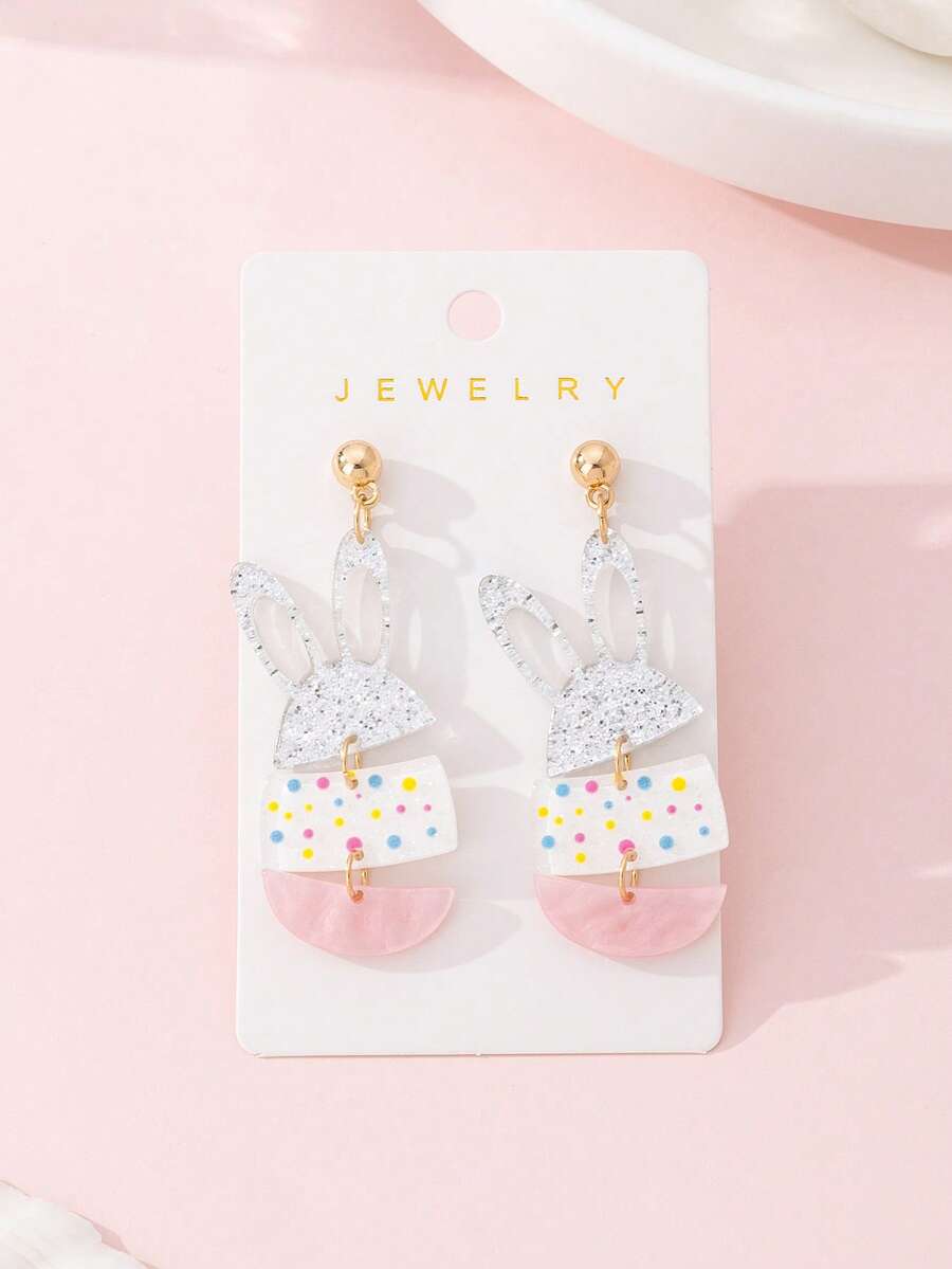 一对可爱的复活节兔子耳朵和彩蛋设计时尚耳环，是节日聚会的完美礼物 - 彩色 - 查看 1