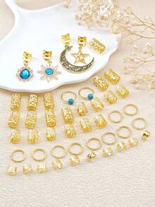 46件套绿松石吊坠、梦幻星月发夹、发圈、发绳，嬉皮风女士发饰 - 金色 - 查看 4