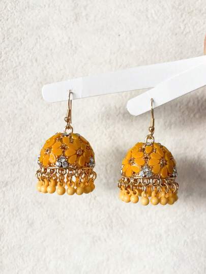 1Pair Elegant Flower Design Decorated Dangle Earrings With Beads Tassel, Bollywood Style Earrings Jewelry Gift Suitable For For Women's Daily Wear, Wedding, Festival, Party, Date, Jewelry Gift