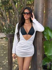 Cubre con mangas largas de estilo bohemio, escote en V profundo, diseño largo, tela elástica - Blanco - Ver 3