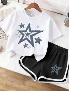 Bộ 2 món cho bé gái gồm áo thun ngắn tay in hình ngôi sao và quần short, kiểu dáng rộng rãi, thoáng khí, thời trang dễ thương, đa năng cho mùa hè. - Nhiều màu - Xem 1