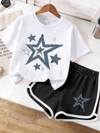 2pcs/Set Girls Star Print Short Sleeve T-Shirt + Shorts, Loose Breathable, Fashionable Cute, Versatile Summer Outfit