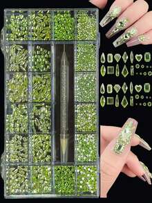KIRAME 21-Slot DIY Manicure K9 Glass Grass Green Flat Rhinestone Set - 30PCS High Gloss Rhinestones Of Each Type With 1 Rhinestone Drill Pen, Manicure Gems, Manicure Salon, Home Manicure, Manicure Supplies, Christmas, New Year, Valentine's Day Manicure, Holiday Gift, Suitable For Handicrafts, Clothing, Fabrics, Shoes, Glass Products, Jewelry Making - Multi-Size Sparkling Decorations Nail Rhinestones Nails - 草綠色 - 查看 3