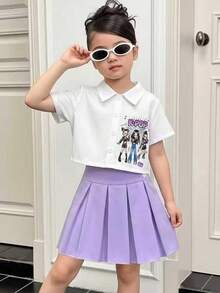 2pcs Girls Cartoon Character Print Shirt + Pleated Skirt Set, Fashionable Outfit For Weekend Shopping, Family Gathering, Outdoor Activities, Birthday Party, Parent-Child Outing, Daily Wear - Multicolor - View 2