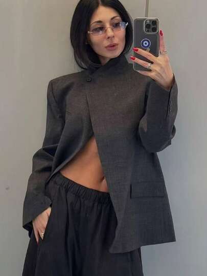 TF.MLN Women's Solid Color Single-Breasted Long Sleeve Blazer Jacket, Vintage Professional Lady Fashion Stand Collar Coat, Autumn Spring