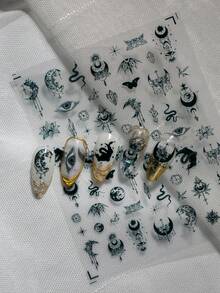 1 Tờ Hình Dán Móng Tay Chủ Đề Huyền Bí, Gồm Hình Mắt Toàn Năng, Trăng Khuyết, Rắn, Dơi, Hoa Sen, Họa Tiết Hình Học, Đầu Lâu, Biểu Tượng Bướm Đêm, với Hiệu Ứng Chuyển Màu Vết Mực, Thích Hợp Để Tạo Kiểu Móng Tay Nghệ Thuật Theo Phong Cách Huyền Bí & Phù Thủy Độc Đáo. - màu đen - Xem 6