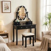 Tocador moderno con espejo ovalado y taburete, tocador de madera con 3 modos de iluminación y 5 cajones, ideal para niños, niñas y mujeres, color negro. - Negro - Ver 1