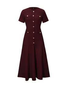 Unadoll 女士春季圆领短袖仿口袋纽扣装饰面料优雅衬衫，适合约会、外出、生日、派对、旅行、情人节等夏季场合。 - 酒紅色 - 查看 4