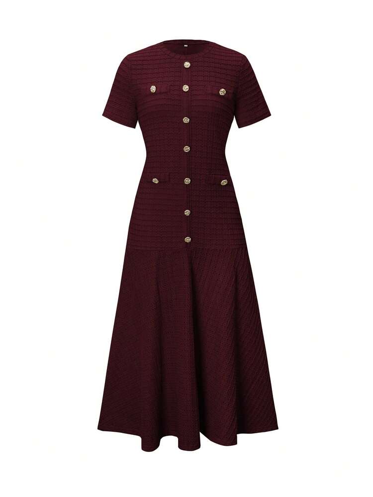 Unadoll Women's Spring Round Neck Short Sleeve Faux Pocket Button Decor Fabric Elegant Blouse, Suitable For Dates, Outings, Birthdays, Parties, Travels, Valentine's Day And Other Occasions - Burgundy - View 3