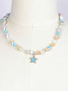 1 chiếc vòng cổ phong cách Bohemian hình sao biển, vỏ sò và ngọc lam dành cho kỳ nghỉ - Màu xanh nhạt - Xem 3