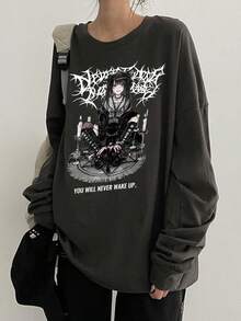 女士宽松深灰色哥特风长袖T恤，动漫暗黑角色印花及“你永远不会醒来”标语图案，柔软休闲街头风，适合电子女孩朋克风格 - 深灰 - 查看 2