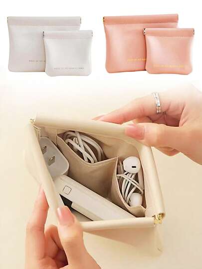 1件/2件装数据线收纳包、珠宝袋、化妆包、自动闭合耳机收纳盒、充电器收纳包、便携式储物袋、化妆包、口红袋、多功能卫生巾袋、旅行收纳包、小型旅行线缆收纳包、旅行必备品、旅行配件