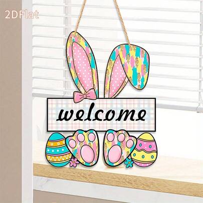 Easter Hanging Sign Cute Rabbit Long Ear Welcome Wooden Door Plaque Home Decor, Suitable For 11 Holidays