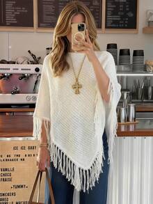 Cárdigan de mujer For Love & Bella, casual, elegante y sexy, con decoración de flecos, acabado asimétrico y textura de punto. Poncho, suéter de cuello redondo, ligero y versátil para usar en el trabajo, en la oficina, en citas, a diario, en el campo, en conciertos, de vacaciones, en y verano, y para salir - Blanco - Ver 10