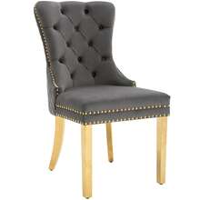Dining Chair With A Unique Striking Unit At The Back, 2 Stations With Studded Head Trim, Gold Stainless Steel Support Legs, Velvet Fabric - Grey - View 8