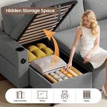 Sofa Bed, L-Shaped Sleeper Sofa Couch, 3 Seater Pull Out Corner Sofa Bed With Storage Chaise, Cup Holder, Sectional Sofa For Living Room, Dark Grey - L型深灰色(杯架+收納袋) - 查看 3