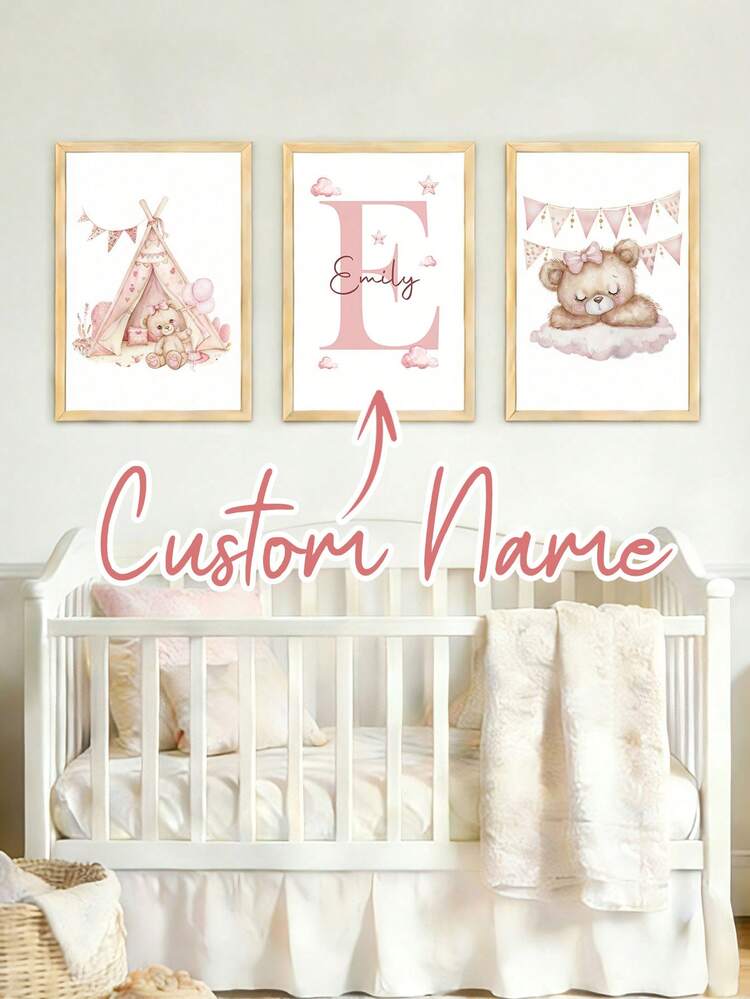 3Pcs Customized Personalize Wall Art Print Custom Name Sleepy Bear Bows Canvas Painting Pink Stars Clouds Moon Hanging Picture Hot Air Balloon Girly Poster Print For Girls Room Bedroom Apartment Decor Persnalized Birthday Gift For Girls Friends Family - Pink - View 16