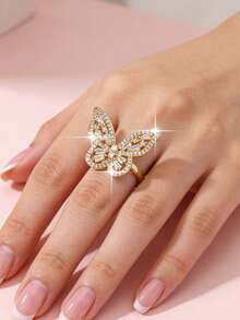 1 Peça Anel Único com Formato de Borboleta Incrustado com Zircônia Cúbica para Adolescentes, Presente de Aniversário e Festival, Decoração Diária, Joias de Cobre - Borboleta - Visão 1